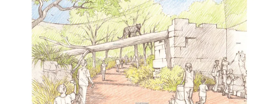Rendering of the future Asia Tiger Overhead Crossing. This area features the facade of a partially fallen brick building with a large tree leaning to it from a grassy area over a sidewalk with people walking beneath. A large net encases the area to protect visitors. There are large, full trees in the background.