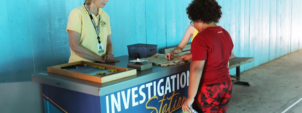 A volunteer with guests at an investigation station.