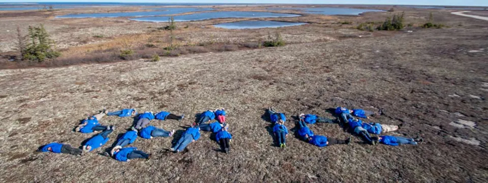 The words "SEA ICE" are spelled out on a dry, rocky beach using people in blue coats lying on the ground. The ocean and horizon are visible in the background under a pale sky.