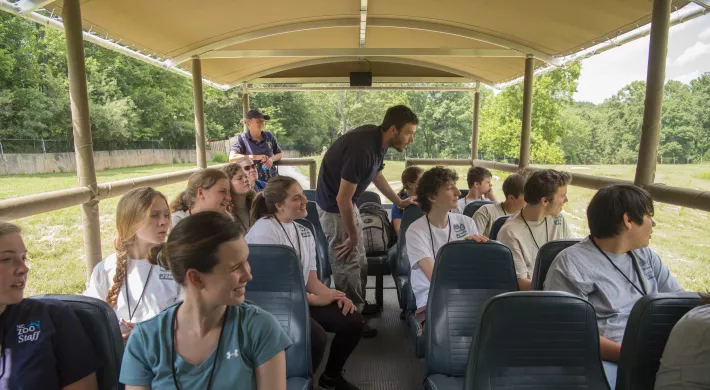 A group of students viewing animals from the Zoofari bus as part of their Wild Science Camp experience. 