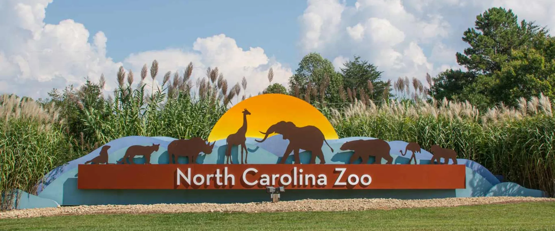 The North Carolina Zoo's entrance sign. The sign features a large, horizontal brown panel with "North Carolina Zoo" in white text. Above this panel is a curved silhouette of various animals—including a giraffe, elephant, bear, and several others—set against a bright orange and yellow sun disk. It is surrounded by tall, dry grasses under a blue sky with fluffy white clouds.