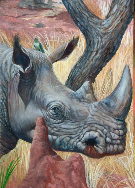 Close-up of rhino as part of a larger acrylic mural depicting the African savanna.