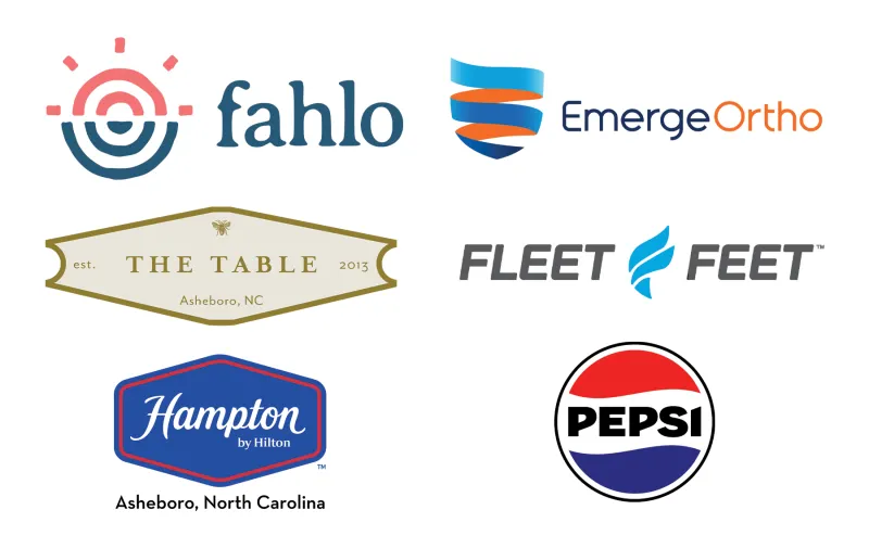 Logos for Fahlo, Emerge Ortho, The Table, Fleet Feet, Hampton by Hilton in Asheboro, NC; and Pepsi
